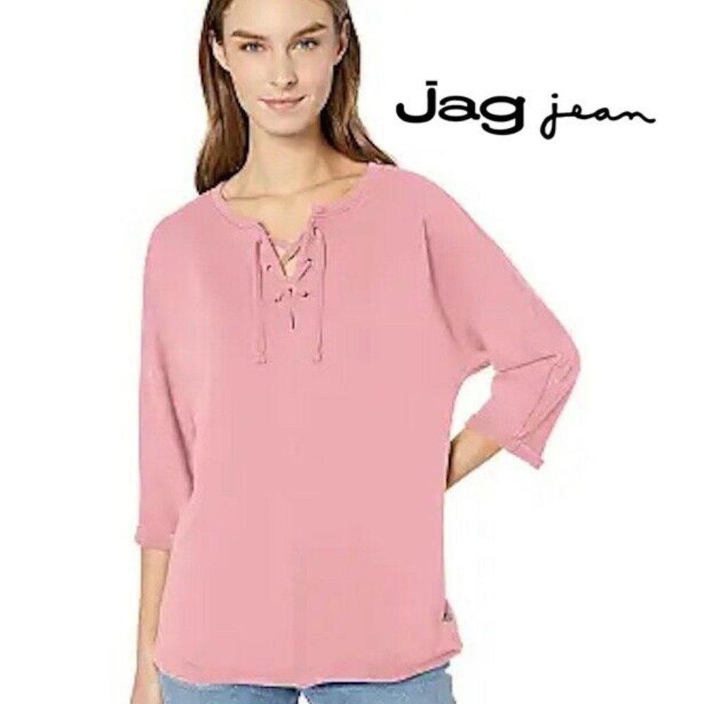 NWT JAG JEANS Women Pullover Lace-Up Knit Top French Terry Sweatshirt TOP